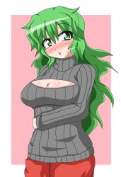 Rule 34 | 1girl, blush, breasts, cleavage, cleavage cutout, clothing cutout, green eyes, green hair, kazami yuuka, kazami yuuka (pc-98), large breasts, long hair, long sleeves, looking at viewer, makko, matching hair/eyes, meme attire, open-chest sweater, open mouth, ribbed sweater, skirt, solo, sweater, touhou, touhou (pc-98), very long hair