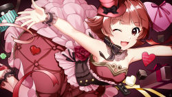 Rule 34 | 1girl, ankle cuffs, bare shoulders, candy, chocolate, chocolate heart, commentary request, corset, detached collar, dress, food, frilled skirt, frills, hat, hat ribbon, heart, high heels, highres, idolmaster, idolmaster million live!, looking at viewer, mikapoe, mini hat, neck ribbon, nonohara akane, one eye closed, outstretched arms, red dress, red eyes, red hair, ribbon, short hair, skirt, solo, spread arms, strapless, strapless dress, valentine, wrist cuffs