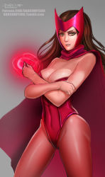 Rule 34 | 10s, 1girl, avengers (series), badcompzero, bare shoulders, breasts, brown hair, cape, cleavage, crossed arms, from side, glowing, grey background, headpiece, highleg, highleg leotard, legs apart, leotard, long hair, looking at viewer, magic, marvel, medium breasts, pantyhose, parted lips, red cape, red leotard, red pantyhose, scarlet witch, signature, simple background, smile, solo, standing, strapless, strapless leotard, superhero costume, thighs, wanda maximoff, watermark, web address, x-men, yellow eyes