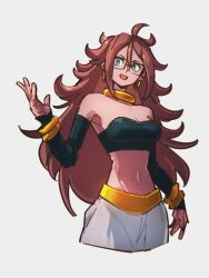 Rule 34 | 1girl, :d, android 21, blue eyes, bracelet, breasts, choker, cleavage, dragon ball, dragon ball fighterz, earrings, glasses, grey background, hair between eyes, hoop earrings, jewelry, kemachiku, long hair, looking at viewer, majin android 21, medium breasts, midriff, navel, open mouth, red hair, simple background, smile, solo, yellow choker