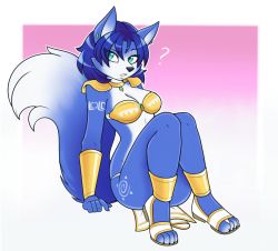 Rule 34 | 1girl, ?, ambris art, animal ears, animal feet, animal nose, arm support, arm tattoo, armor, bandeau, blue fur, blue hair, body fur, border, breasts, choker, claws, cleavage, earrings, female focus, fox ears, fox girl, fox tail, furry, gold, gradient background, green eyes, jewelry, knees together feet apart, knees up, krystal, leg tattoo, loincloth, looking to the side, medium breasts, nintendo, outline, outside border, parted lips, pink background, raised eyebrow, sandals, short hair, shoulder armor, simple background, sitting, skindentation, snout, solo, star fox, tail, tail raised, tattoo, teeth, two-tone fur, vambraces, white border, white footwear, white fur, white outline, yellow bandeau, yellow choker