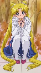 Rule 34 | 1girl, bishoujo senshi sailor moon, blonde hair, blue eyes, highres, long sleeves, looking at viewer, nightstark, sitting, skirt, tree, tsukino usagi, twintails