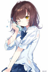 Rule 34 | 1girl, blue bow, blue bowtie, blue skirt, blush, bottle, bow, bowtie, brown hair, closed mouth, commentary, looking at viewer, md5 mismatch, medium hair, myuton, one eye closed, original, pleated skirt, ramune, resolution mismatch, school uniform, shirt, short sleeves, simple background, skirt, solo, source larger, white background, white shirt, yellow eyes