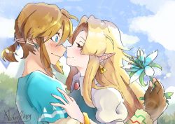 Rule 34 | 1boy, 1girl, blonde hair, blue dress, blue eyes, blush, brown gloves, brown hair, closed mouth, couple, day, dress, earrings, elf, embarrassed, closed eyes, flower, gem, gloves, grin, hetero, holding, holding flower, imminent kiss, jewelry, link, long hair, neck, nervous, nintendo, outdoors, pointy ears, ponytail, princess zelda, short hair, shy, sidelocks, sky, smile, standing, super smash bros., surprised, the legend of zelda, the legend of zelda: a link to the past, the legend of zelda: breath of the wild, triforce, tunic, upper body, wavy mouth