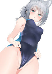 Rule 34 | 1girl, animal ears, aqua eyes, aqua one-piece swimsuit, bare shoulders, blue archive, blue one-piece swimsuit, blush, breasts, cat ears, cat girl, commentary request, competition swimsuit, covered navel, cowboy shot, cross hair ornament, frontal wedgie, grey hair, hair ornament, looking at viewer, medium hair, one-piece swimsuit, osanpo02, partially visible vulva, ponytail, shiroko (blue archive), shiroko (swimsuit) (blue archive), simple background, small breasts, solo, standing, swimsuit, thighs, two-tone swimsuit, wedgie, white background
