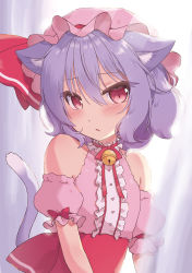 Rule 34 | 1girl, adapted costume, animal ear fluff, animal ears, bare shoulders, bell, beni kurage, blue hair, blush, cat ears, cat tail, center frills, commentary request, curtains, detached sleeves, dress, fang, frills, hair between eyes, hat, hat ribbon, highres, jingle bell, kemonomimi mode, looking at viewer, mob cap, neck ribbon, parted lips, pink dress, pink eyes, pink hat, puffy short sleeves, puffy sleeves, red ribbon, red sash, remilia scarlet, ribbon, sash, short hair, short sleeves, solo, tail, touhou, upper body, white background