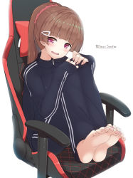 Rule 34 | 1girl, barefoot, black jacket, black pants, brown hair, chair, commentary request, copyright request, full body, gaming chair, hair ornament, hair scrunchie, hairclip, hands on own knees, hands up, highres, jacket, knees up, long hair, long sleeves, looking at viewer, nail polish, office chair, pants, parted lips, pink nails, ponytail, purple eyes, red scrunchie, scrunchie, shirasu youichi, simple background, sitting, sleeves past wrists, smile, soles, solo, swivel chair, track jacket, track pants, track suit, virtual youtuber, white background