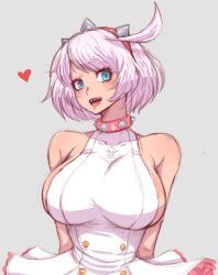 Rule 34 | 1girl, absurdres, ahoge, bare shoulders, blue eyes, breasts, choker, elphelt valentine, guilty gear, guilty gear strive, heart, highres, large breasts, light purple hair, looking at viewer, medium hair, open mouth, short hair, sideboob, simmsy, smile, solo, upper body, white hair