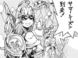 Rule 34 | 1girl, :d, armor, athena (p&amp;d), balloon, cu chulainn (p&amp;d), fake horns, gauntlets, gigas (p&amp;d), greyscale, hand on own hip, helmet, horned helmet, ishiyumi, knight, long hair, monochrome, open mouth, polearm, puzzle &amp; dragons, shield, smile, spear, sunglasses, text focus, translation request, weapon