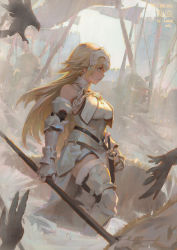 Rule 34 | 1girl, animal, arm at side, armor, armored boots, armored dress, army, artist name, bare shoulders, bird, blonde hair, blue eyes, blurry, boots, breasts, building, chain, character name, closed mouth, copyright name, dress, fate/apocrypha, fate/grand order, fate (series), faulds, flag, from side, full body, fur trim, gauntlets, gorget, headpiece, holding, jeanne d&#039;arc (fate), jeanne d&#039;arc (ruler) (fate), jeanne d&#039;arc (third ascension) (fate), jewelry, krenz, long hair, medium breasts, military, pole, profile, sheath, sheathed, shiny clothes, sleeveless, solo focus, sword, walking, weapon, white dress