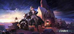 Rule 34 | 1girl, alchemy stars, boots, braid, breasts, camping, coat, copyright name, cup, eyewear on headwear, hat, highres, hiiro (alchemy stars), holding, holding cup, koio, leaning back, leaning on object, lens flare, medium breasts, motor vehicle, motorcycle, no bra, official art, oil lamp, open clothes, open coat, outdoors, pink hair, shooting star, sky, solo, star (sky), starry sky, steam, sword, tent, weapon