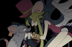 Rule 34 | 1boy, 1girl, after kiss, animal ears, blood, blush stickers, breasts, ear tag, green hair, hat, hole on body, leotard, mad rat, mad rat dead, mouse (animal), mouse ears, mouse girl, mouse tail, nippon ichi, rat god, red eyes, ribs, saliva, saliva trail, stitches, tail, top hat, wings, wrist cuffs