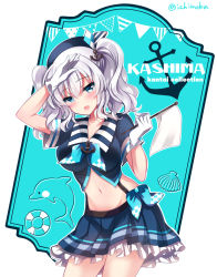 Rule 34 | 1girl, alternate costume, anchor hair ornament, blue eyes, blue neckerchief, blue shirt, blue skirt, breasts, character name, copyright name, cowboy shot, flag, frilled skirt, frills, gloves, hair between eyes, hair ornament, holding, holding flag, ichiyou moka, kantai collection, kashima (kancolle), large breasts, lifebuoy, looking at viewer, midriff, navel, neckerchief, open mouth, pleated skirt, sailor collar, sailor shirt, shirt, short sleeves, silver hair, skirt, smile, solo, swim ring, twintails, twitter username, wavy hair, white flag, white gloves