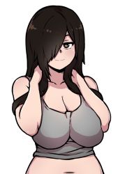 Rule 34 | 1girl, akairiot, borrowed character, breasts, breasts squeezed together, brown eyes, brown hair, cleavage, commentary request, hair over one eye, large breasts, looking at viewer, midriff, navel, pai-chan (nao (ritsancrossover)), smile, solo, tank top