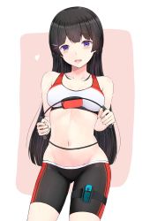 Rule 34 | 1girl, :d, alternate costume, bare shoulders, bike shorts, black hair, black shorts, braid, breasts, collarbone, cowboy shot, french braid, gluteal fold, hair ornament, hairclip, heart, highres, long hair, looking at viewer, navel, nijisanji, open mouth, purple eyes, ring-con, ring fit adventure, shorts, small breasts, smile, solo, sports bra, stomach, temari rin, tsukino mito, two-tone background, very long hair, virtual youtuber