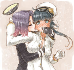 Rule 34 | 10s, 2girls, black hair, blue eyes, blush, grabbing another&#039;s breast, female admiral (kancolle), finger in another&#039;s mouth, full-face blush, gloves, grabbing, halo, hat, kantai collection, licking, mechanical halo, military, military uniform, multiple girls, naval uniform, open clothes, open shirt, purple eyes, purple hair, ryou (shirotsumesou), shirt, star (symbol), tatsuta (kancolle), tongue, uniform, yuri