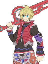 Rule 34 | 1boy, black shirt, blonde hair, blue eyes, closed mouth, holding, holding sword, holding weapon, long sleeves, looking at viewer, mazume, red vest, shirt, short hair, shulk (xenoblade), simple background, sketch, smile, solo, sword, v-shaped eyebrows, vest, weapon, white background, xenoblade chronicles (series), xenoblade chronicles 1