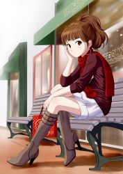 Rule 34 | 1girl, alternate hairstyle, bench, boots, brown hair, earrings, high heel boots, high heels, idolmaster, idolmaster (classic), jewelry, knee boots, looking at viewer, minase iori, ponnetsu, ponytail, red scarf, scarf, shoes, sitting, sitting on object, solo