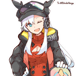 Rule 34 | 1girl, ;d, alonemistrist, black jacket, blue eyes, breasts, cleavage, cleavage cutout, clothing cutout, dragalia lost, gloves, ilia (dragalia lost), jacket, long hair, long sleeves, looking at viewer, medium breasts, official alternate costume, one eye closed, open mouth, sidelocks, smile, solo, upper body, white background, white gloves, white hair