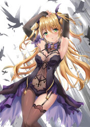 Rule 34 | 1girl, absurdres, armpits, bare shoulders, bat ornament, bird, black pantyhose, black thighhighs, blonde hair, blush, bow, bowtie, breasts, bridal gauntlets, collar, crow, eyepatch, fischl (genshin impact), genshin impact, gloves, green eyes, hair over one eye, hair ribbon, highres, leotard, long hair, looking at viewer, medium breasts, miun, open mouth, pantyhose, purple bow, purple bowtie, purple ribbon, ribbon, single bridal gauntlet, solo, tailcoat, thighhighs, two side up