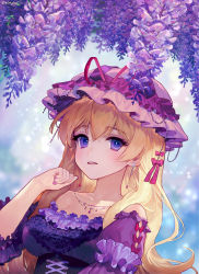 Rule 34 | 1girl, adapted costume, ainy, artist name, bare shoulders, blonde hair, blush, bow, breasts, check commentary, commentary request, corset, dress, earrings, eyeshadow, flower, frills, hair between eyes, hand up, hat, hat ribbon, highres, jewelry, juliet sleeves, large breasts, light particles, long hair, long sleeves, looking at viewer, makeup, mob cap, nail polish, necklace, off-shoulder dress, off shoulder, parted lips, pink hat, puffy sleeves, purple dress, purple eyes, purple flower, purple nails, red bow, red ribbon, revision, ribbon, smile, solo, touhou, twitter username, upper body, wisteria, yakumo yukari