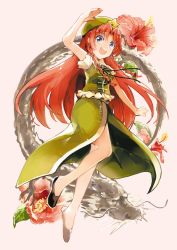 Rule 34 | 1girl, :d, azuma aya, beret, black footwear, black ribbon, blue eyes, collared shirt, flower, frilled shirt, frills, green hat, green vest, hat, hat ornament, hibiscus, highres, hong meiling, leaf, long hair, looking at viewer, official art, open mouth, red hair, ribbon, shirt, shoes, short sleeves, smile, solo, star (symbol), star hat ornament, strange creators of outer world, third-party source, touhou, vest, white shirt