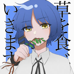 Rule 34 | 1girl, asymmetrical hair, black ribbon, blue background, blue hair, bocchi the rock!, border, collared shirt, commentary request, eating, hair ornament, hairclip, long sleeves, looking at viewer, mole, mole under eye, neck ribbon, outside border, parted bangs, partial commentary, popouyu212, ribbon, shirt, short hair, solo, translation request, upper body, weeds, white border, white shirt, yamada ryo, yellow eyes