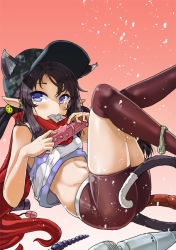 Rule 34 | 00s, 1girl, anal beads, animal ears, baseball cap, bike shorts, black hair, blue eyes, cat ears, cat tail, dildo, dungeon and fighter, earrings, ears through headwear, gradient background, hat, jewelry, legs up, lhu (barappra1), long hair, looking at viewer, lying, midriff, mouth hold, on back, over-kneehighs, pointy ears, red scarf, red thighhighs, scarf, sex toy, solo, tail, tank top, thighhighs, vibrator