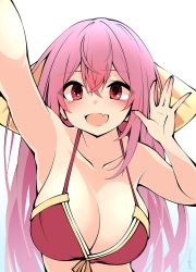 Rule 34 | 1girl, aged up, alternate breast size, bikini, blush, breasts, cleavage, collarbone, fang, fingernails, hair between eyes, highres, kamikaze (kancolle), kantai collection, large breasts, long hair, open mouth, purple eyes, purple hair, red bikini, sakakiba misogi, signature, simple background, skin fang, smile, solo, swimsuit, upper body, white background