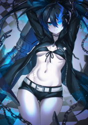 Rule 34 | 1girl, arm cannon, arms up, belt, bikini, bikini top only, black choker, black coat, black hair, black rock shooter, black rock shooter: dawn fall, black rock shooter (character), black shorts, blue eyes, breasts, chain, checkered floor, choker, cleavage, closed mouth, coat, commentary request, cowboy shot, flaming eye, front-tie bikini top, front-tie top, groin, hair between eyes, highres, holding, holding weapon, inue ao, long hair, long sleeves, looking at viewer, navel, pale skin, partially unzipped, scar, short shorts, shorts, sidelocks, small breasts, solo, standing, star (symbol), star print, stomach, swimsuit, twintails, underboob, uneven twintails, very long hair, weapon, white belt, zipper