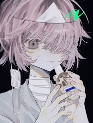 Rule 34 | 1girl, black background, closed mouth, eyepatch, hair over one eye, hands up, highres, holding, nail polish, pink nails, short hair, simple background, smile, solo, sweatdrop, triangular headpiece, udo on, unworn eyepatch