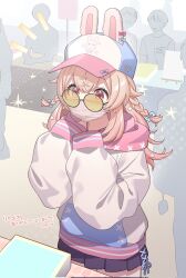 Rule 34 | 1girl, animal ears, baseball cap, black-framed eyewear, black skirt, blue bow, bow, braid, convention, ear bow, glasses, hair bow, hair ornament, hat, hat ornament, heart, heart hat ornament, highres, hood, hood down, hoodie, long hair, mask, mouth mask, multicolored clothes, multicolored hoodie, phase connect, pink hair, pipkin pippa, pleated skirt, rabbit ears, round eyewear, second-party source, skirt, sleeves past fingers, sleeves past wrists, solo, star (symbol), star hair ornament, table, takeko spla, tinted eyewear, twin braids, virtual youtuber, yellow-tinted eyewear