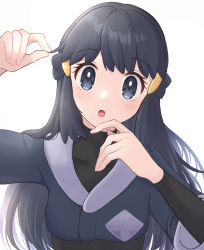 Rule 34 | 1girl, :o, akari (pokemon), black hair, black shirt, blush, commentary request, covered collarbone, creatures (company), eyelashes, game freak, grey eyes, grey jacket, hair ornament, hairclip, haru (haruxxe), head tilt, highres, jacket, long hair, looking at viewer, nintendo, open mouth, pokemon, pokemon legends: arceus, shirt, simple background, solo, tongue, upper body, white background