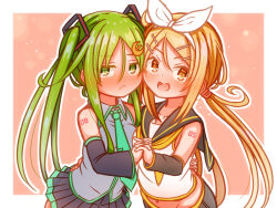 Rule 34 | 2girls, blonde hair, collarbone, color connection, cosplay, crescent, crescent hair ornament, detached sleeves, green eyes, green hair, hair ornament, hairclip, hatsune miku, hatsune miku (cosplay), highres, holding hands, kagamine rin, kagamine rin (cosplay), kantai collection, long hair, multiple girls, nagatsuki (kancolle), necktie, number tattoo, sailor collar, satsuki (kancolle), smile, suzushiro (gripen39), tattoo, torso grab, twintails, vocaloid, yellow eyes