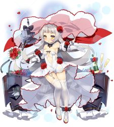 Rule 34 | 1girl, alcohol, azur lane, bare shoulders, blue bow, blunt bangs, bmw, bouquet, bow, breasts, bridal veil, brown eyes, champagne, champagne bottle, champagne flute, commentary request, cross, cup, detached sleeves, dress, drinking glass, elbow gloves, flower, gloves, headpiece, highres, iron cross, kurot, long hair, medium breasts, mole, mole under eye, parted lips, petals, pink flower, pink rose, puffy short sleeves, puffy sleeves, red flower, red rose, rose, shoes, short sleeves, silver hair, solo, sparkle, strapless, strapless dress, striped, striped bow, thighhighs, veil, very long hair, white dress, white footwear, white gloves, white thighhighs, z46 (azur lane)