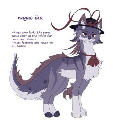 Rule 34 | :3, animal ear fluff, animalization, bow, commentary, crowswhispers, english text, full body, hat, hat bow, highres, nagae iku, red bow, red eyes, simple background, solo, tail, touhou, white background