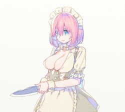 Rule 34 | 1girl, belt collar, black dress, blue eyes, breasts, closed mouth, collar, copyright request, double-breasted, dress, enkyo yuuichirou, covered erect nipples, hair over one eye, holding, holding knife, knife, large breasts, looking at viewer, maid headdress, pink hair, shirt, short hair, short sleeves, solo, standing, suspenders, takagi (tansuke), two-handed, white shirt