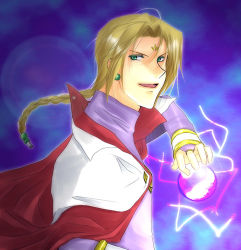 Rule 34 | 1boy, blonde hair, blue background, braid, cape, facial mark, green eyes, long hair, lowres, magic, miktran, open mouth, tales of (series), tales of destiny