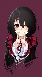 Rule 34 | 1girl, absurdres, black hair, blush, bow, breasts, clock eyes, date a live, dress, finger to mouth, frilled dress, frilled sleeves, frills, hair bow, hairband, heterochromia, highres, long hair, long sleeves, looking at viewer, low twintails, medium breasts, morochan, multiple hair bows, red background, red bow, red eyes, roman numeral, smile, solo, symbol-shaped pupils, tokisaki kurumi, twintails, upper body, wide sleeves, yellow eyes