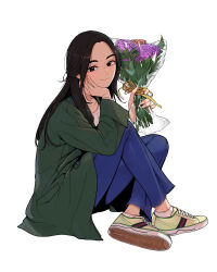 Rule 34 | 1girl, absurdres, bdpp, black eyes, bouquet, coat, commission, denim, flower, full body, green coat, hand on own cheek, hand on own face, highres, jeans, knee up, korean commentary, long hair, long sleeves, pants, shoes, sitting, smile, sneakers, solo, white background