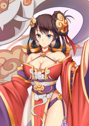 Rule 34 | 1girl, absurdres, bare shoulders, black hair, blue eyes, blush, breasts, character request, cleavage, closed mouth, collarbone, highres, large breasts, looking at viewer, onmyoji, red ribbon, ribbon, short hair, smile, solo, upper body, youl