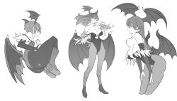 Rule 34 | 2girls, breasts, commentary, demon girl, demon wings, english commentary, greyscale, head wings, highres, large breasts, leaning forward, lilith aensland, long hair, looking at viewer, monochrome, morrigan aensland, multiple girls, multiple views, pantyhose, short hair, small breasts, timbougami, vampire (game), white background, wings