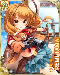 Rule 34 | 1girl, blue skirt, brown eyes, brown hair, card (medium), closed mouth, cowboy clothes, cowboy hat, day, girlfriend (kari), gun, handgun, hat, holding, holding weapon, looking at viewer, low twintails, official art, outdoors, qp:flapper, red shirt, revolver, shirt, skirt, smile, solo, standing, tagme, tamai remi, teeth, tied shirt, train, twintails, weapon