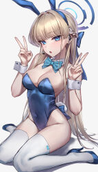 Rule 34 | 1girl, absurdres, animal ears, bare shoulders, blonde hair, blue archive, blue bow, blue bowtie, blue eyes, blue footwear, blue leotard, bow, bowtie, braid, breasts, cleavage, commentary request, covered navel, detached collar, double v, fake animal ears, fake tail, french braid, groin, hands up, high heels, highres, large breasts, leotard, long hair, looking at viewer, monegi, open mouth, rabbit ears, rabbit tail, sitting, solo, strapless, strapless leotard, tail, thighhighs, thighs, toki (blue archive), toki (bunny) (blue archive), v, wariza, white thighhighs