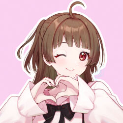 Rule 34 | 1girl, ahoge, blunt bangs, blush, bow, bowtie, brown hair, commission, heart, heart hands, long hair, long sleeves, looking at viewer, one eye closed, original, pink background, red eyes, sailor collar, smile, solo, tokifuji kougetsu, two side up, upper body