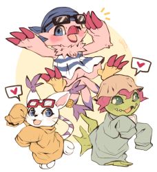 Rule 34 | :d, bandana, digimon, digimon (creature), digimon adventure, fang, glasses, hat, heart, highres, long sleeves, looking at viewer, no humans, notice lines, one eye closed, open mouth, palmon, piyomon, red-framed eyewear, smile, spoken heart, sui (suizilla), tailmon