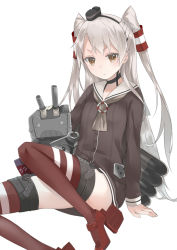 Rule 34 | 10s, 1girl, amatsukaze (kancolle), bad id, bad pixiv id, blush, brown eyes, dress, frown, garter straps, kantai collection, long hair, looking at viewer, personification, red thighhighs, rensouhou-chan, rensouhou-kun, ryunxryun, sailor dress, short dress, silver hair, simple background, sitting, solo, striped clothes, striped thighhighs, thighhighs, twintails, two side up, zettai ryouiki