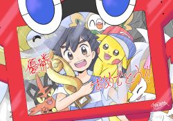 Rule 34 | 1boy, ash ketchum, baseball cap, black hair, brown eyes, commentary request, congratulations, creatures (company), game freak, gen 1 pokemon, gen 4 pokemon, gen 7 pokemon, hat, highres, lycanroc, lycanroc (dusk), male focus, melmetal, monaka (monaka alola), mythical pokemon, nintendo, on shoulder, open mouth, pikachu, pokemon, pokemon (anime), pokemon (creature), pokemon on shoulder, pokemon sm139, pokemon sm (anime), rotom, rotom dex, rowlet, shirt, signature, striped clothes, striped shirt, taking picture, torracat, trophy