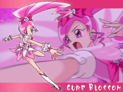 Rule 34 | 10s, 1girl, boots, bow, character name, cure blossom, eyelashes, fuchi minoru, full body, hanasaki tsubomi, heartcatch precure!, knee boots, long hair, multiple views, open mouth, outstretched hand, pink background, pink bow, pink eyes, pink hair, pink theme, ponytail, precure, puffy sleeves, skirt, smile, wrist cuffs