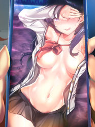 Rule 34 | 1girl, :q, black hair, black skirt, bow, bowtie, breasts, cardigan, cellphone, commentary request, gridman universe, highres, holding, holding phone, long hair, looking at viewer, medium breasts, naughty face, navel, open cardigan, open clothes, phone, purple eyes, red bow, red bowtie, resolution mismatch, school uniform, selfie, silly (marinkomoe), skirt, solo, source larger, ssss.gridman, stomach, sweat, takarada rikka, thighs, tongue, tongue out, white cardigan